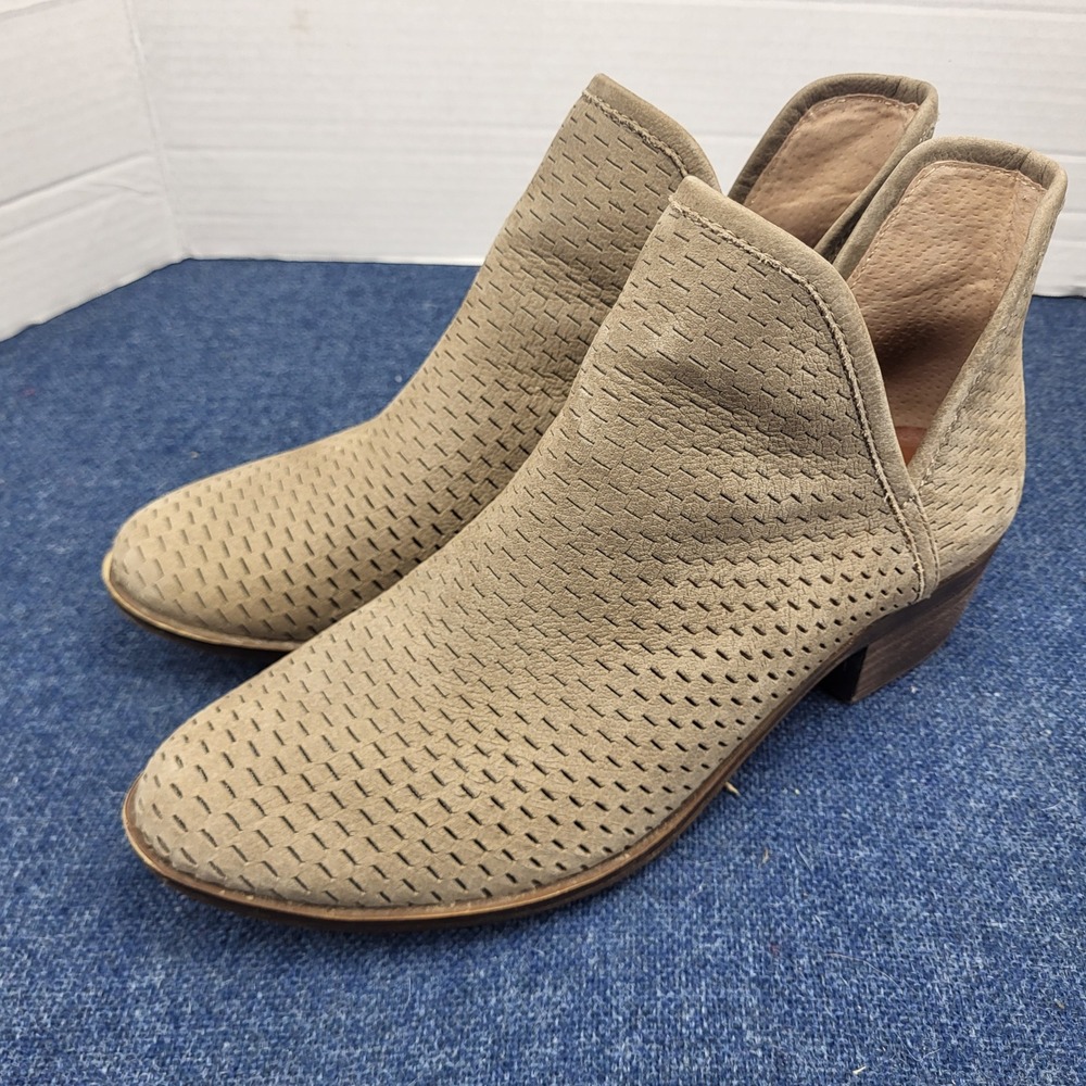 Lucky Brand Basel Perforated Taupe Leather Ankle Booties Side Slit Block Heel 9